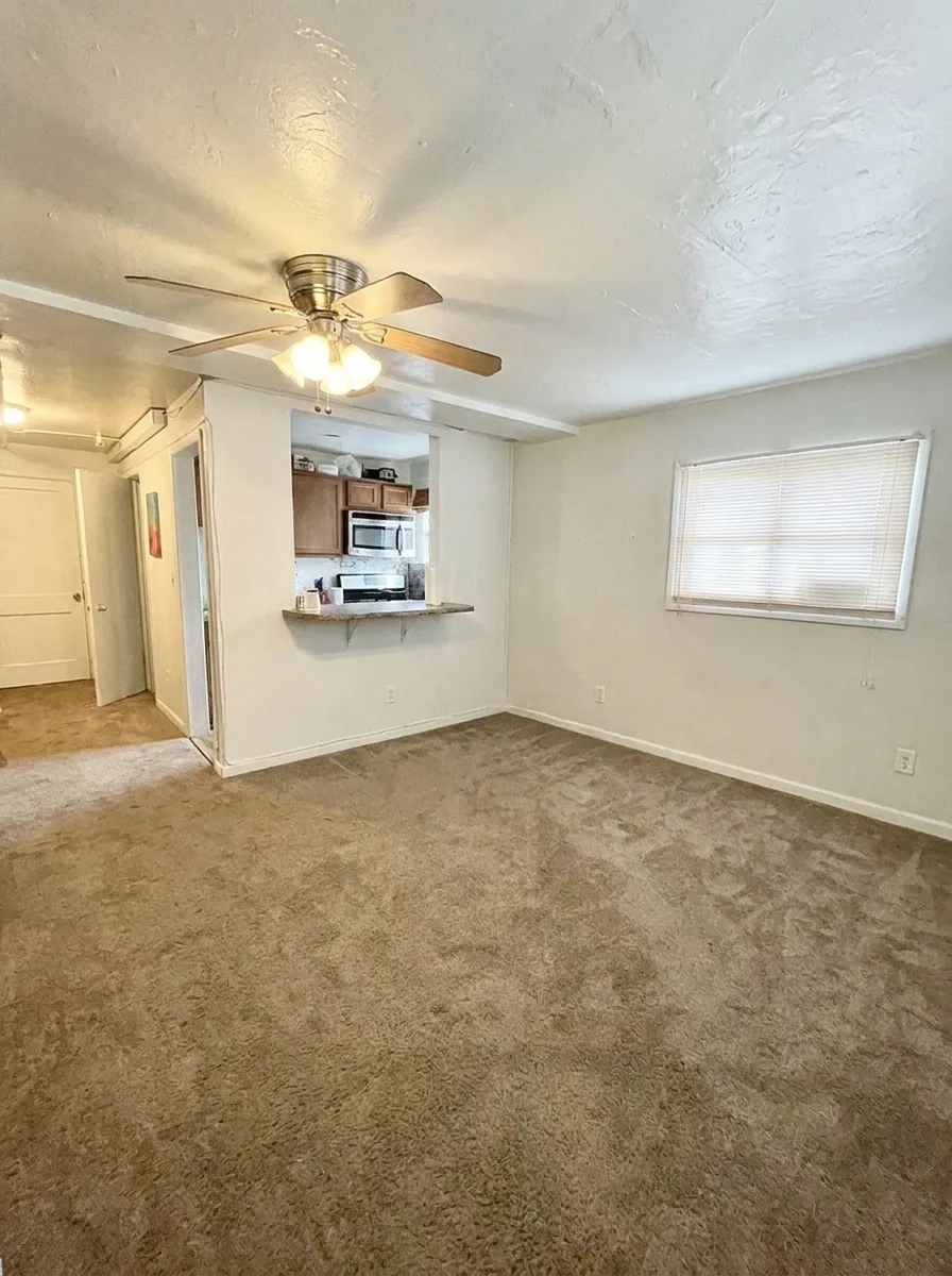 Unit M living room with ceiling fan and pass-through to kitchen