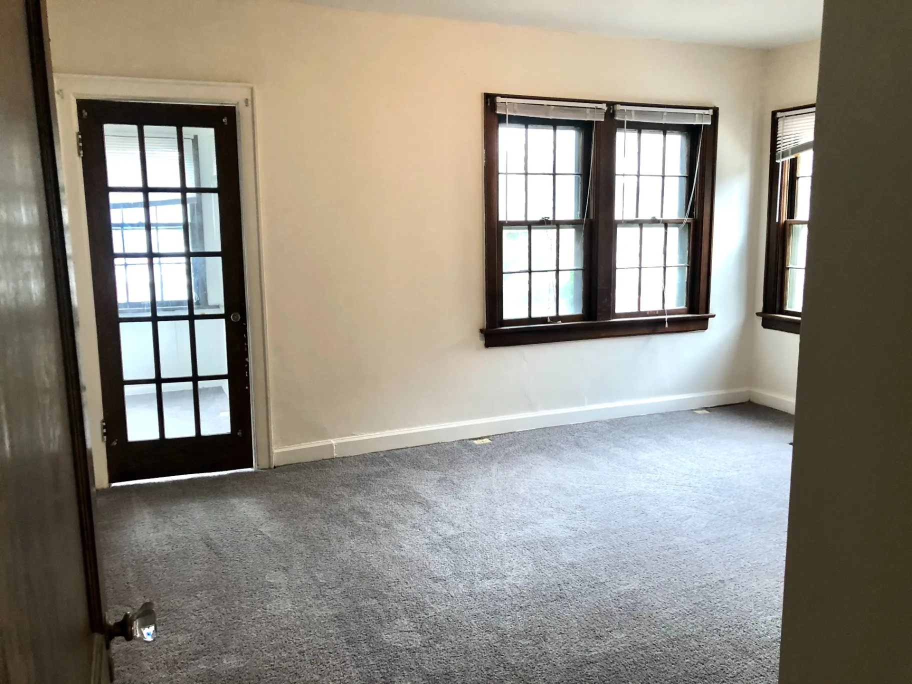 2044 Iuka Ave. B living room with French door to sunroom, wood-trim windows, and plush carpet