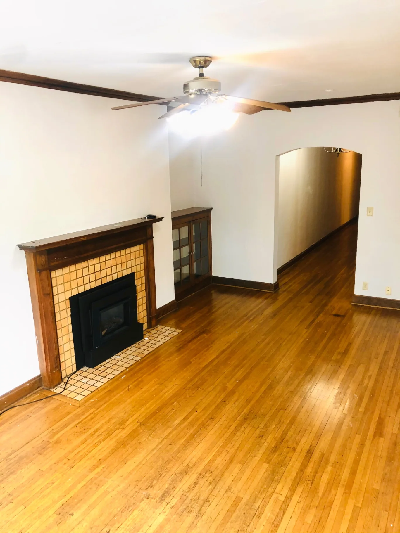 Unit L living room with fireplace, built-in glass cabinet, and archway to dining area