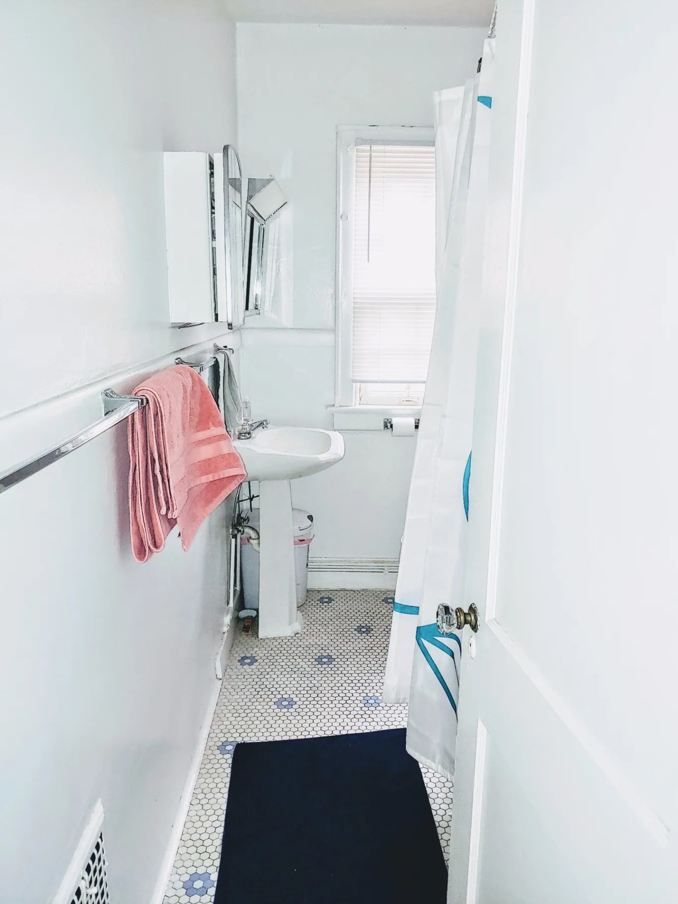 2044 Iuka Ave. D bright staged bathroom with pedestal sink, medicine cabinet, and hex tile floor