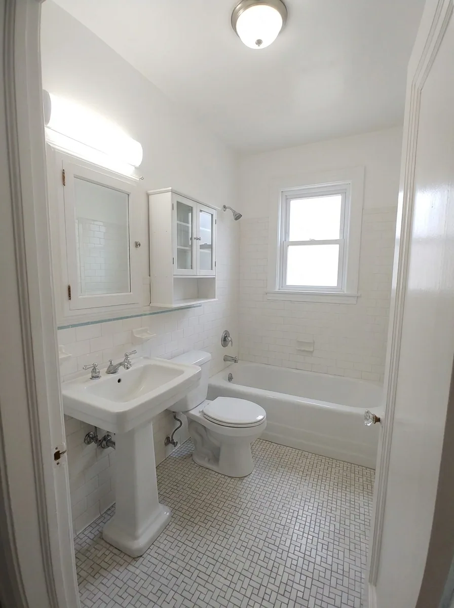 Unit C bright bathroom with pedestal sink, toilet, and tub