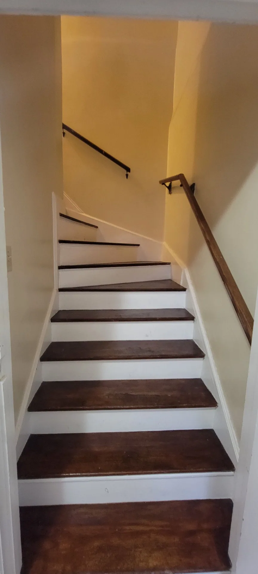 2044 Iuka Ave. D staircase with dark hardwood treads and dual handrails climbing to the upper bedroom