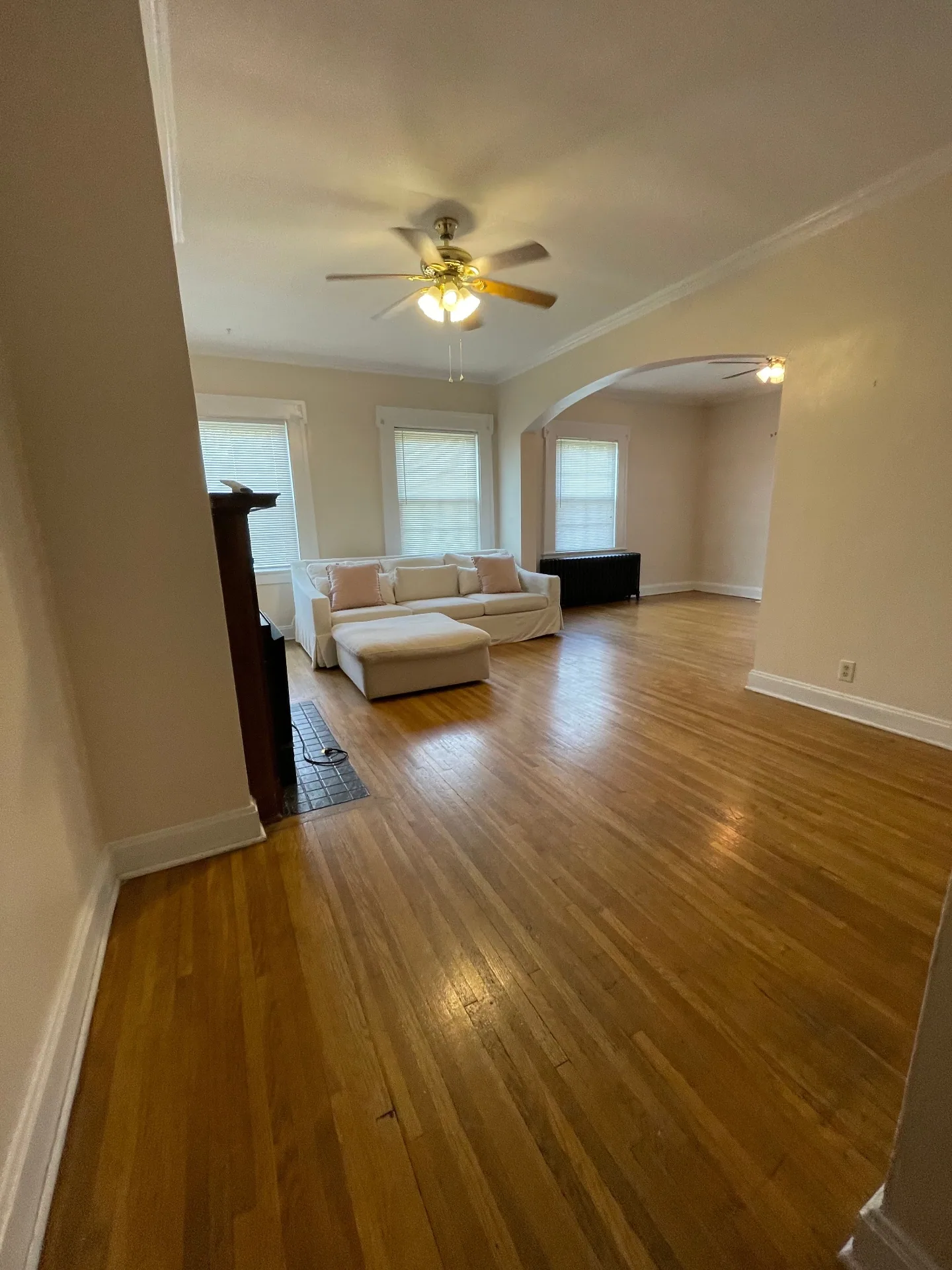 Unit E expansive living room with abundant windows and hardwood floors
