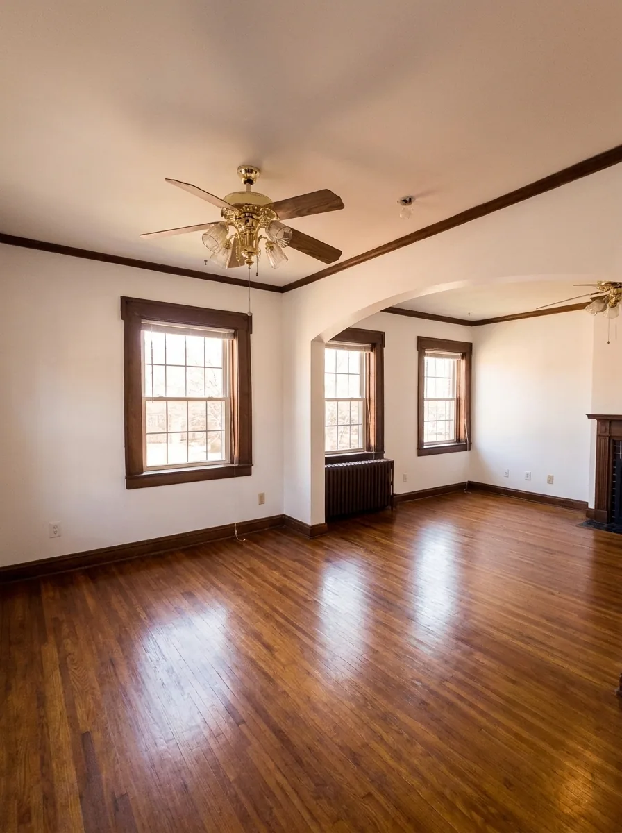 Unit C second bedroom with windows, fireplace, and ceiling fan