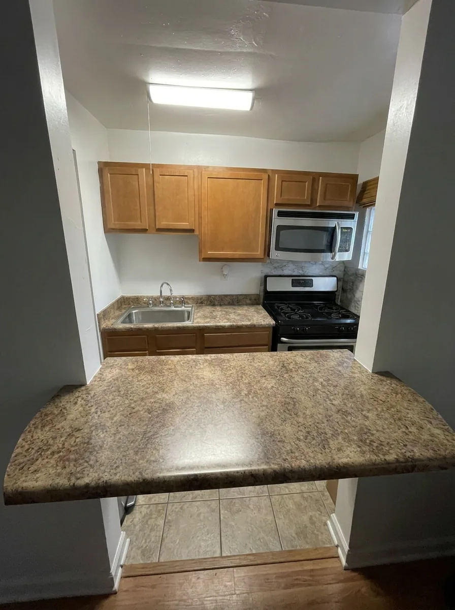 Unit M kitchen breakfast bar view with gas range and microwave