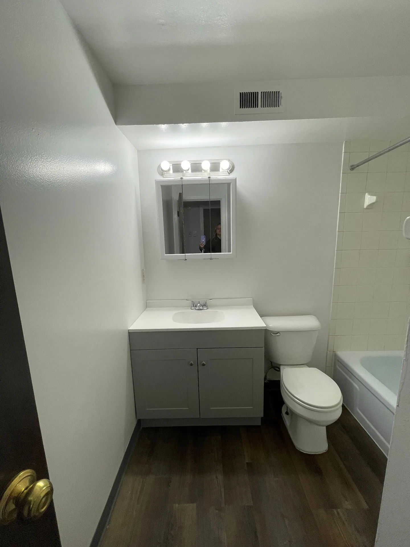 2020 Summit St. bright bathroom with grey vanity, white countertop, bathtub, and overhead mirror lights