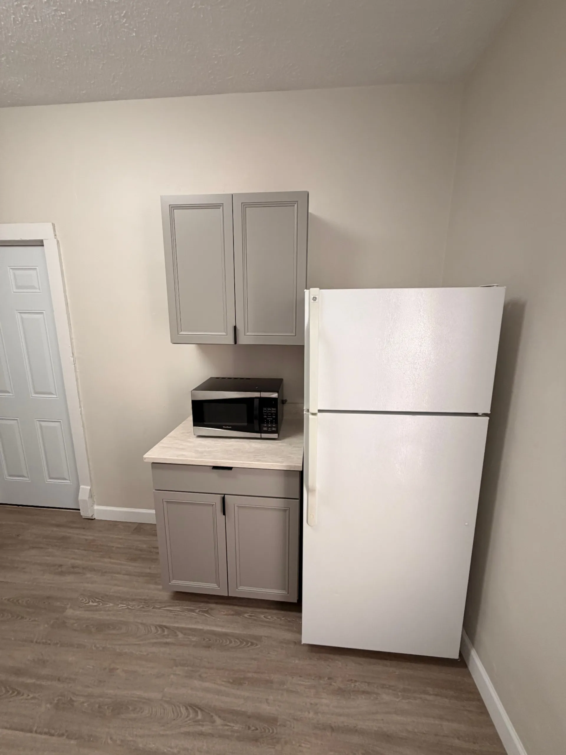 133½ kitchen storage area with fridge, microwave and pantry cabinets