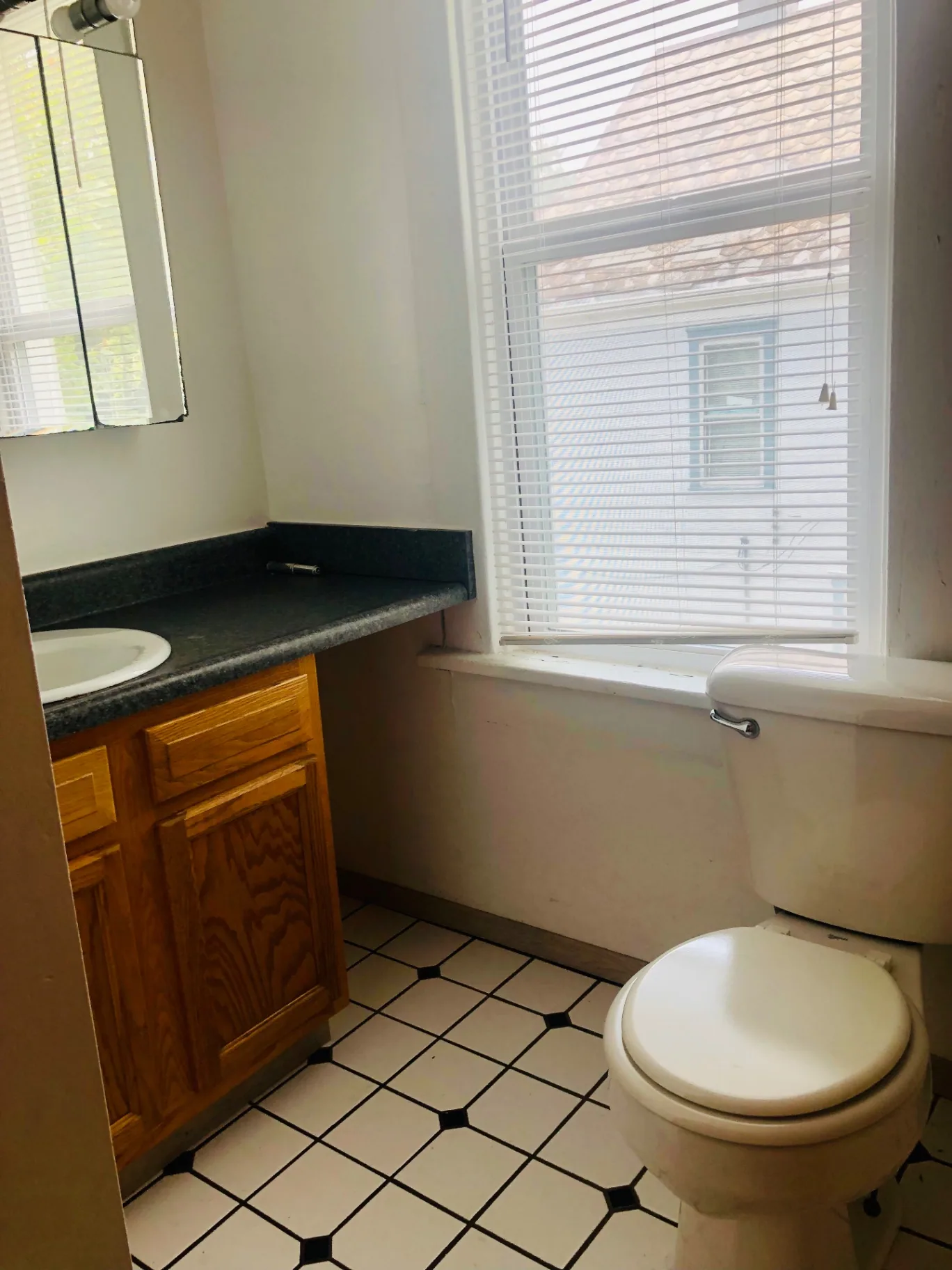 77 E Patterson Ave. bathroom with oak vanity, granite-style top, and large window