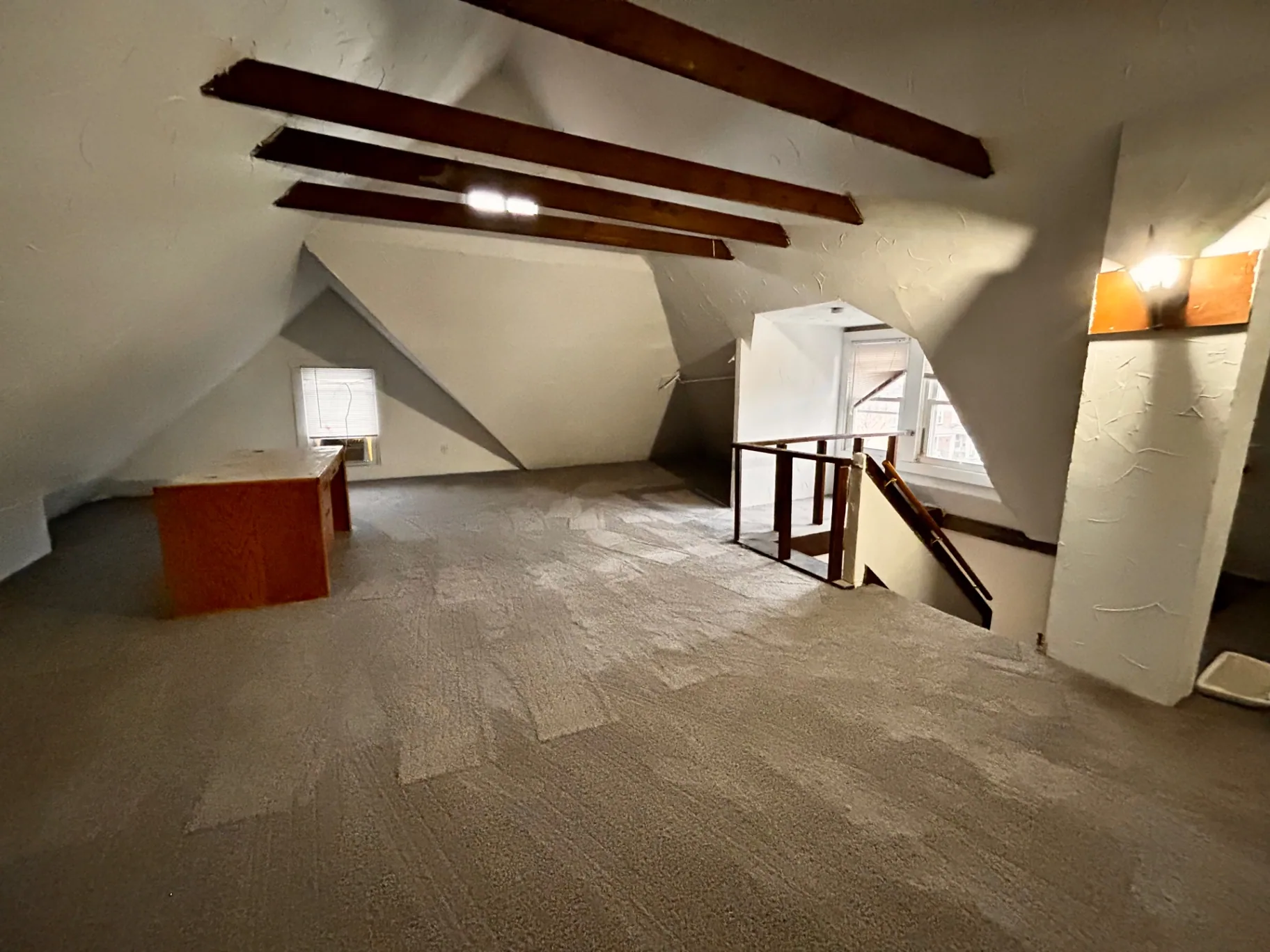 68 E Patterson Ave. attic bonus room with exposed beams, dormer window, and staircase