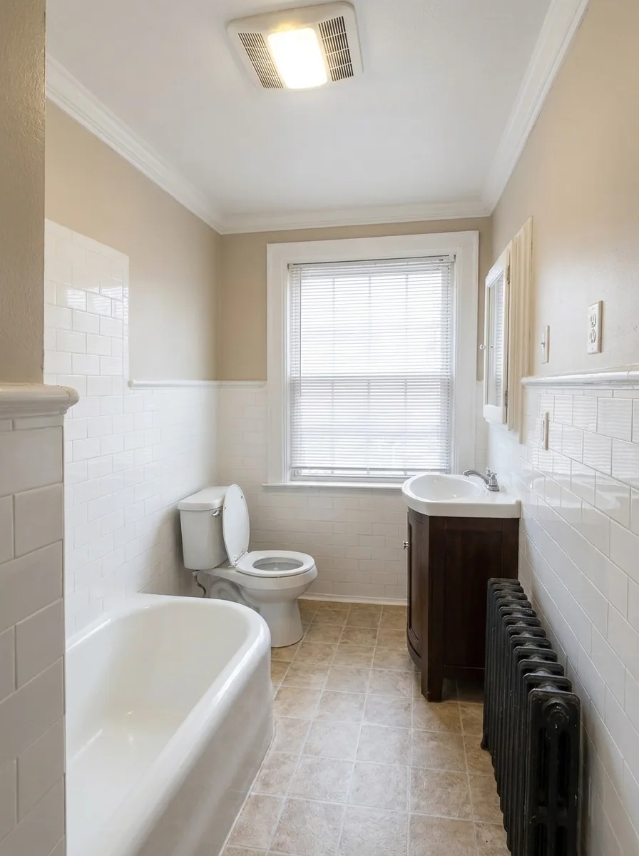 Unit C tiled bathroom with tub, vanity, and radiator