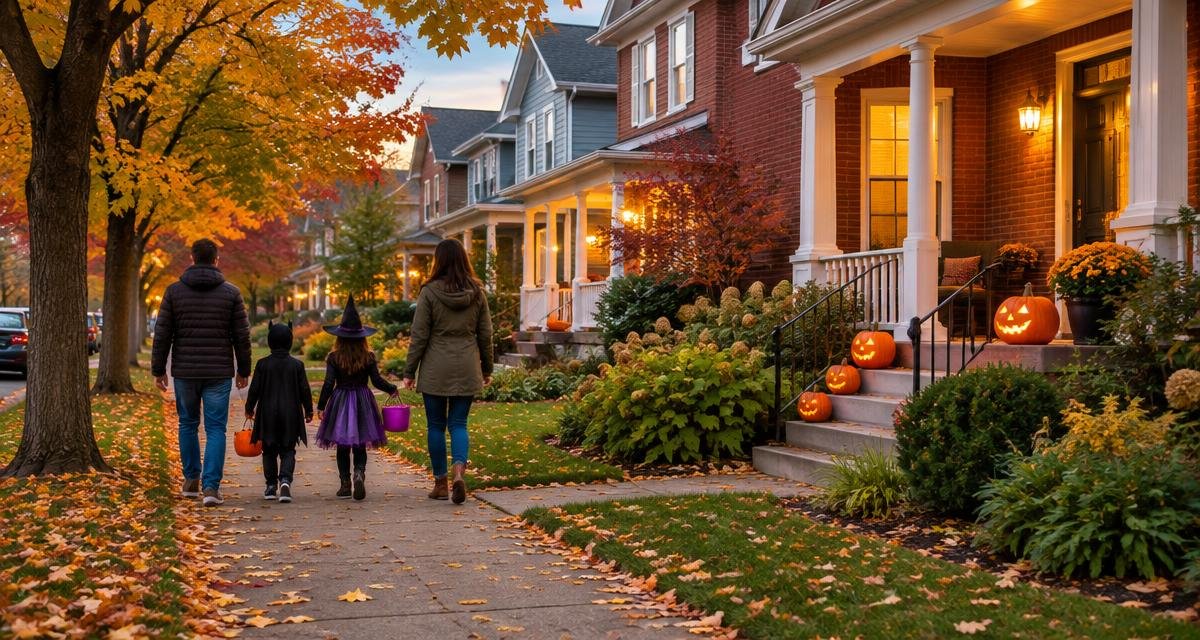 Generated Columbus, Ohio-inspired neighborhood scene with families trick-or-treating beside autumn trees and decorated brick homes